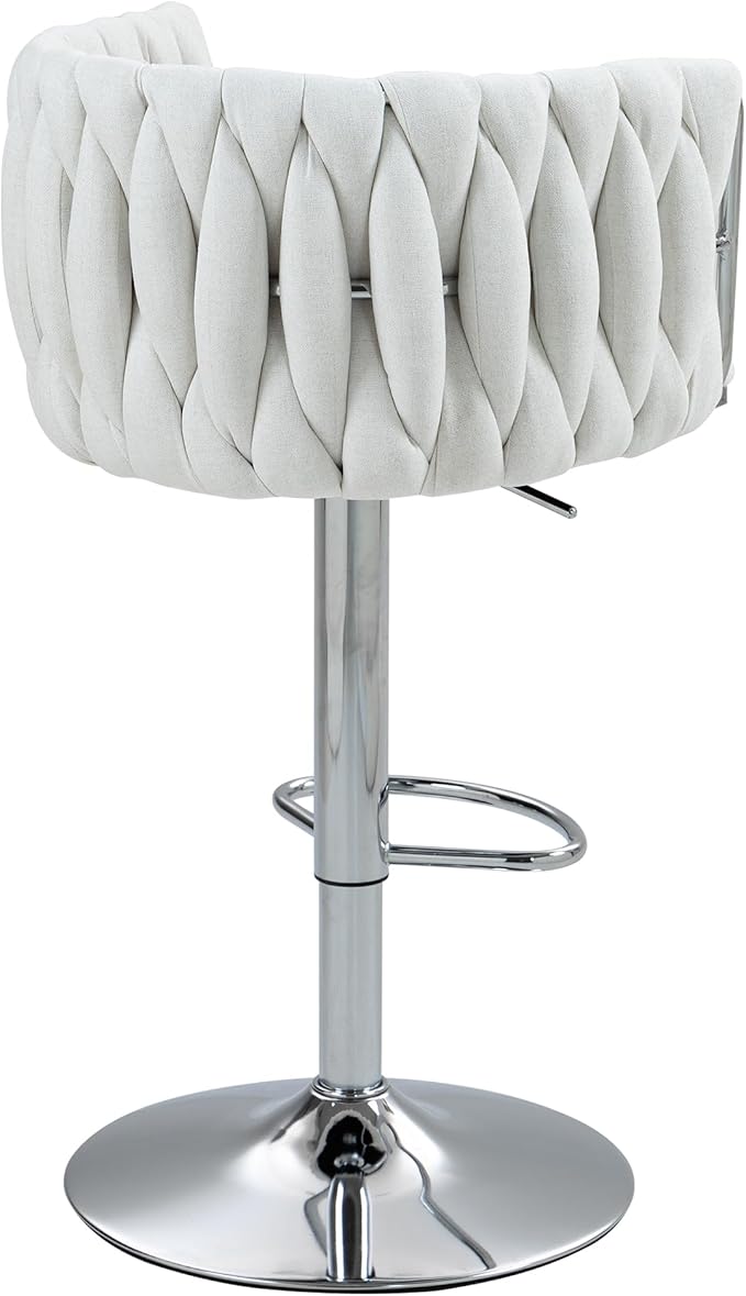 360° Fabric Cover Swivel Bar Stools Set of 2, Adjustable Counter Height Bar Chairs with Woven Back Footrest,Silver Chromed Bar Stools for Kitchen Island, Cafe, Pub (Beige)