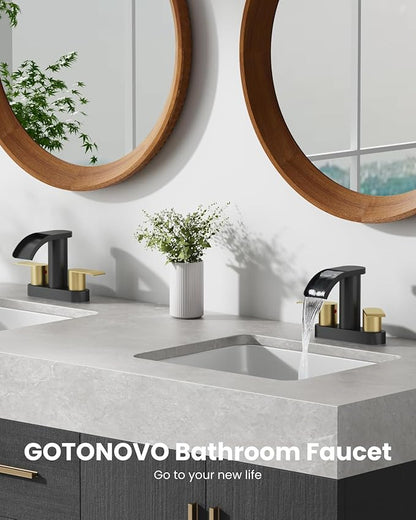 gotonovo 4 Inch Centerset Waterfall Bathroom Sink Faucet Deck Mount 2 Handle Basin Faucets 2 or 3 Hole with Pop Up Drain Included Lavatory Modern Mixer Tap Vanity Faucet Matte Black and Brushed Gold