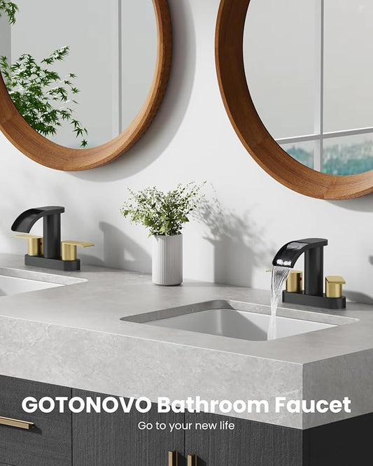 gotonovo 4 Inch Centerset Waterfall Bathroom Sink Faucet Deck Mount 2 Handle Basin Faucets 2 or 3 Hole with Pop Up Drain Included Lavatory Modern Mixer Tap Vanity Faucet Matte Black and Brushed Gold