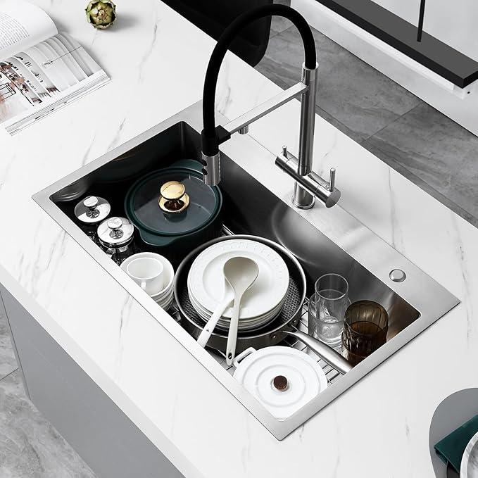 POPFLY 28×20 Inch Drop in Kitchen Sink, 18 Gauge Stainless Steel Single Bowl Large Sink, Top mount 9 Inches Deep Kitchen Sinks with 2 Holes, Brushed