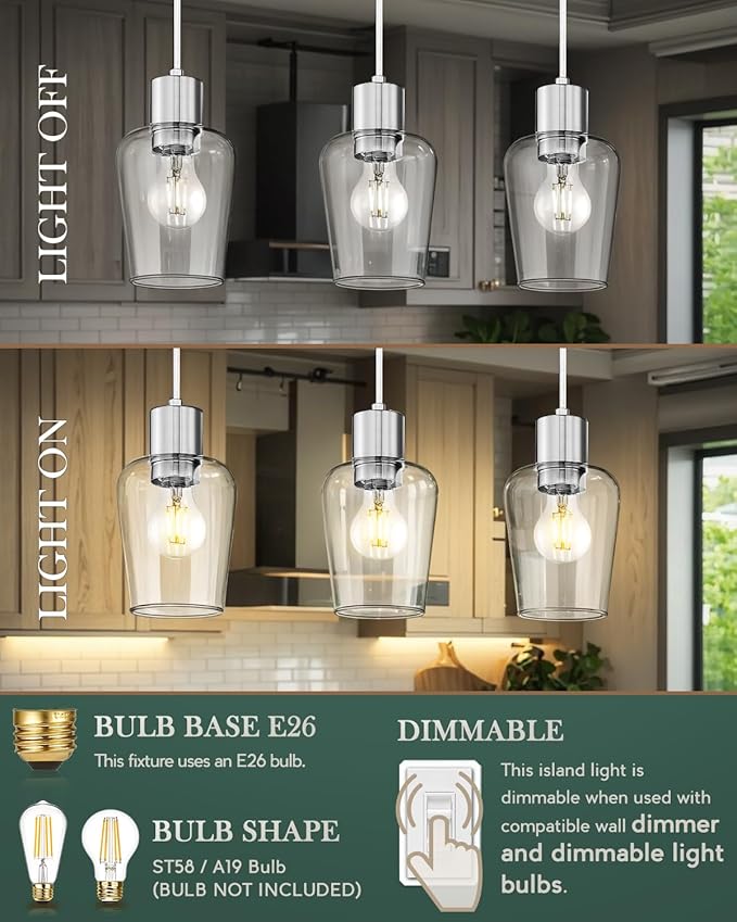LMS Brushed Nickel Dining Room Light Fixture, 3-Light Clear Glass Island Lights, Farmhouse Linear Chandeliers for Kitchen Island Pendant Light Fixtures, LMS-123SPL-BN3