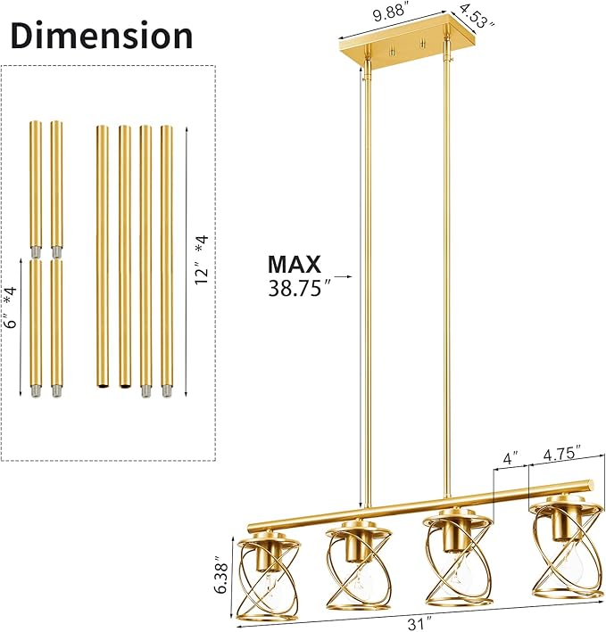 mavcadonf Kitchen Island Light, 4-Light Dining Room Lighting Fixtures Hanging, Farmhouse Linear Pendant Light for Kitchen Island Table Living Room with Adjustable Rods, Brushed Gold