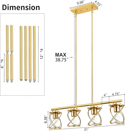 mavcadonf Kitchen Island Light, 4-Light Dining Room Lighting Fixtures Hanging, Farmhouse Linear Pendant Light for Kitchen Island Table Living Room with Adjustable Rods, Brushed Gold