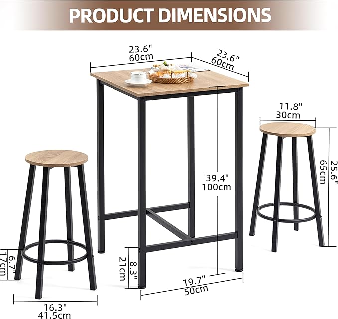 Finnhomy Bar Table Set, 23.6" Pub Table High Top Table, Square Bar Height Table, Bar Table with Stools, Kitchen Table Set for 2, Industrial Breakfast for Kitchen, Living Room, Greige