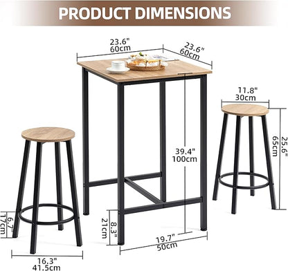 Finnhomy Bar Table Set, 23.6" Pub Table High Top Table, Square Bar Height Table, Bar Table with Stools, Kitchen Table Set for 2, Industrial Breakfast for Kitchen, Living Room, Greige