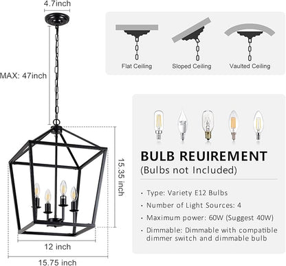 15.75" Black Farmhouse Chandelier for Dining Room, 4-Light Lantern Pendant Light Fixture Industrial Vintage Iron Cage Hanging Light for Entryway Kitchen Island Foyer