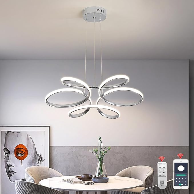 23 inch Modern Chandelier for Dining Room, Kitchen Chandelier & Entryway, Dimmable LED Pendant Light with Adjustable Height, 32W for Hallway, Living Room, Bedroom (Chrome M)