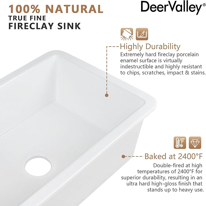 DeerValley Undermount Kitchen Sink 32 inch, White Fireclay Farmhouse Sinks, Single Bowl Deep Drop-in Kitchen Sink with Bottom Grid & Strainer, Heavy Duty Solid Fireclay