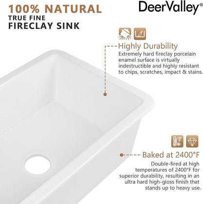 DeerValley Undermount Kitchen Sink 32 inch, White Fireclay Farmhouse Sinks, Single Bowl Deep Drop-in Kitchen Sink with Bottom Grid & Strainer, Heavy Duty Solid Fireclay
