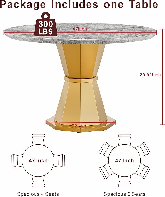47" Round Marble Dining Table for 4-6, Luxury Modern Kitchen Table with Marble Grain MDF Tabletop & Gold Mirrored Stainless Steel Pedestal Base, Grey Stone Dinner Table for Dining Room (Table Only)