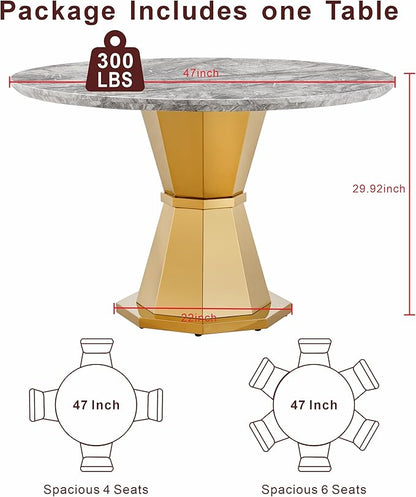 47" Round Marble Dining Table for 4-6, Luxury Modern Kitchen Table with Marble Grain MDF Tabletop & Gold Mirrored Stainless Steel Pedestal Base, Grey Stone Dinner Table for Dining Room (Table Only)
