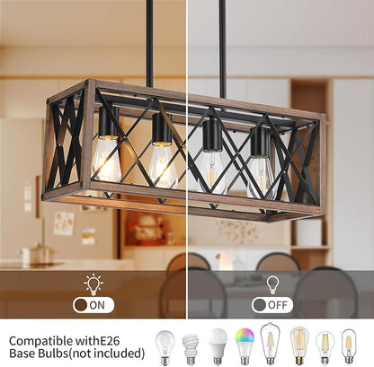 KEESFU 4-Light Dining Room Light Fixture, Farmhouse Kitchen Island Lighting,Adjustable Height Pendant Light, Rustic Linear Chandelier for Kitchen, Dining Room Table, Pool Table. (Wood Grain Color)