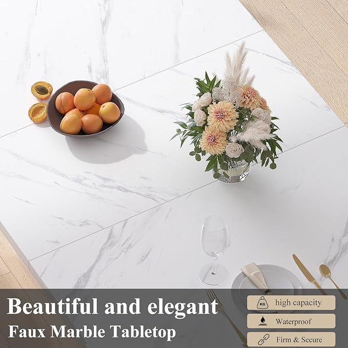 HSH 55 inch Dining Table for 4, Modern White Faux Marble Dining Room Table, Rectanglur Kitchen Table with Heavy Duty Pedestal, Wooden Eating Dinner Desk for Home,Living Room, White Marble, 55 Inch