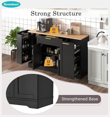 53.7'' Multi-Functional Storage Sideboard with Adjustable Shelves, Mid-Century Modern Console Table with 3-Tier Pull-Out Rack, Kitchen Island for Kitchen, Dining Room and Living Room (Black)