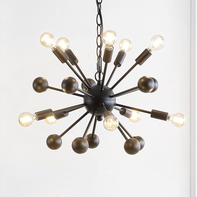 JONATHAN Y 19.5" Black 10-Light Iron Sputnik Chandelier, Mid-Century Modern Industrial Adjustable Height Ceiling Fixture for Dining Room Living Room, LED Bulbs Included JYL9061A