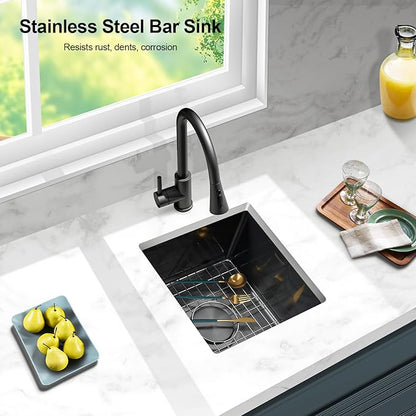 15x15 Gunmetal Black Bar Sink Undermount, Stainless Steel Single Bowl Handmade Square Wet Bar & Prep Under Counter Small Kitchen Sinks with Grid