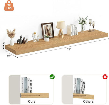 Heimlove 12 Inch Deep Floating Shelves, 72 x 12 inches Long Wall Shelf, Large Extra Display Shelf & Storage Shelf, Rustic Wood Wall Shelves for Fireplace Mantel, Oak - 1Pack