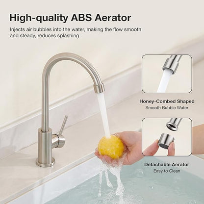 CREA Cold Water Only Brushed Faucet for Kitchen Bar Outdoor Sink 1 Hole 3Holes(with Deck Plate)，High Arc 360°Swivle Single Handle Cold Water Tap Brushed 304 Stainless Steel