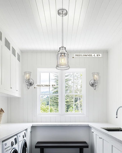 2 Packs Farmhouse Pendant Light Fixtures, HWH 1-Light Hanging Lighting, Kitchen Pendant Lighting Over Island, Brushed Nickel and Bell-Shaped Fluted Clear Glass, 5HZG106MIL-2L BN