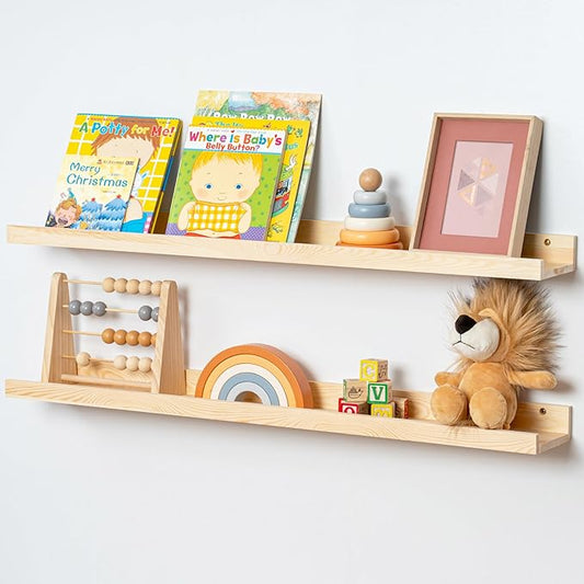 FLYJOE Picture Ledge Shelf for Wall, 36 inch Solid Ash Wood Nursery Book Shelves 2 Packs, Floating Shelves for Kids' Room Bedroom Bathroom Living Room Photo Frames Office Nursey Wall Decor, Natural