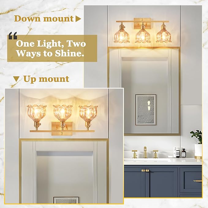 3-Light Amber Tulip Glass Vanity Light, Brushed Gold Vintage Bathroom Wall Sconce, 19.4" Antique Brass Hardwired Wall Lamp for Mirror, Powder Room, Bedroom (Individual Switches, Bulbs Not Included)