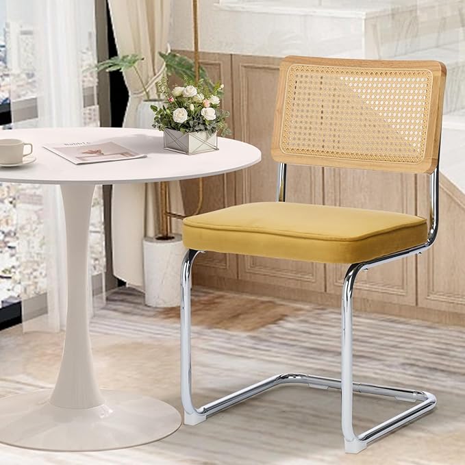 Rattan Back Dining Chairs Set of 2, Breuer Design Modern Upholstered Dining Room Chairs with Steel Frame for Dining Room, Kitchen Island,Velvet(Gold)