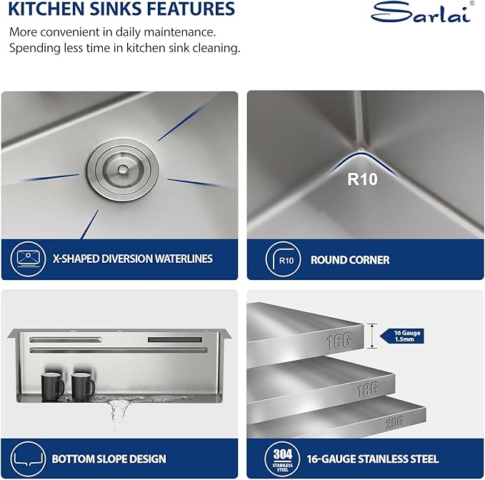 Sarlai 33 Inch Waterfall Kitchen Sink - 33x22 Inch Drop In Kitchen Sink Ledge Workstation Topmount Multifuctional Smart Stainless Steel 16 Guage Single Bowl Sinks Basin with Faucet