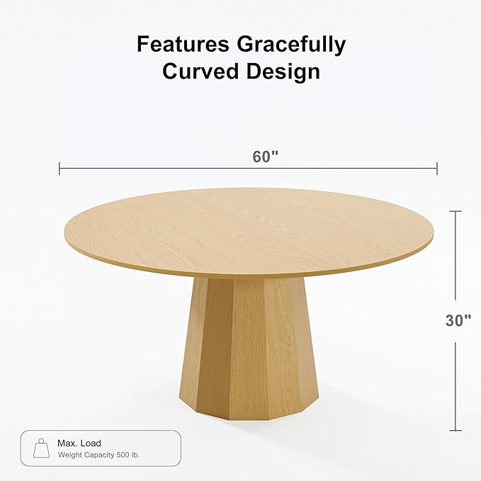 Casaphoria 60" Round Dining Table, Modern Wood Kitchen Table with Cone Shaped Strip Polygonal Base for Living Room & Dining Room, Easy Assembly Farmhouse Furniture for 4-6, Oak