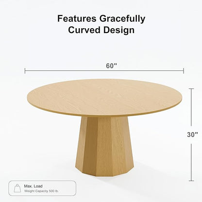 Casaphoria 60" Round Dining Table, Modern Wood Kitchen Table with Cone Shaped Strip Polygonal Base for Living Room & Dining Room, Easy Assembly Farmhouse Furniture for 4-6, Oak
