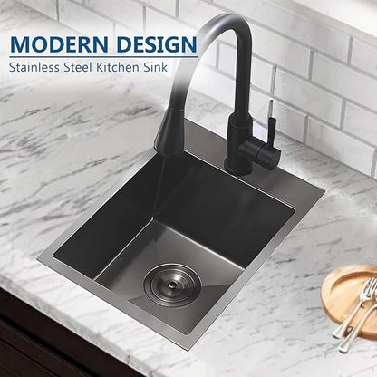 15 Gunmetal Black Bar Sink, Drop in 16 Gauge Stainless Steel 13x15x9 Wet Bar Prep RV Outdoor Small Kitchen Sink Top mount Single Bowl with Bottom Grid & Drain