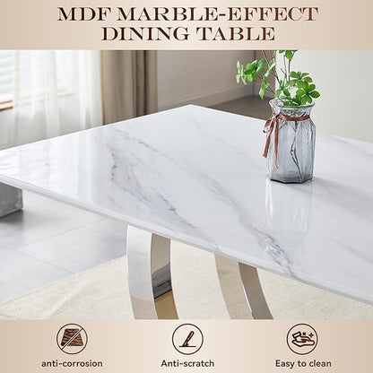 69.3" Luxury Dining Table for 4 6, White Marble Kitchen Dining Room Tables with 0.98" Thick Faux Marble Top & Stainless Steel Pedestal, Modern Silver Rectangular Dinner Table for Kitchen