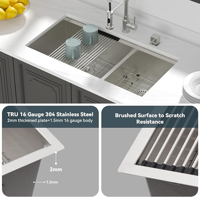 Lordear 36 Inch Double Bowl Kitchen Sink Ledge Workstation Sinks Double Bowl 60/40 Low Divide 16 Gauge Stainless Steel 36x19 Inch Undermount Kitchen Sinks