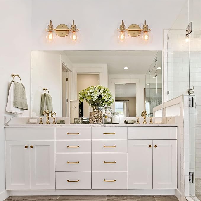 KSANA 2-Light Vanity Light with Globe Clear Glass Shade, Gold Vanity Lights for Bathroom, Powder Room, 13" L x 7" W x 9" H