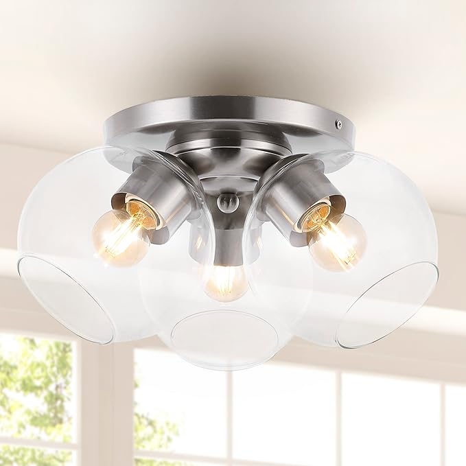 JONATHAN Y 11.5" Nickel/Clear 3-Light Semi Flush Mount Ceiling Light, Farmhouse Rustic Iron Fixture for Kitchen Bedroom, Clear Glass Shade, LED Bulbs Included (JYL7568B)