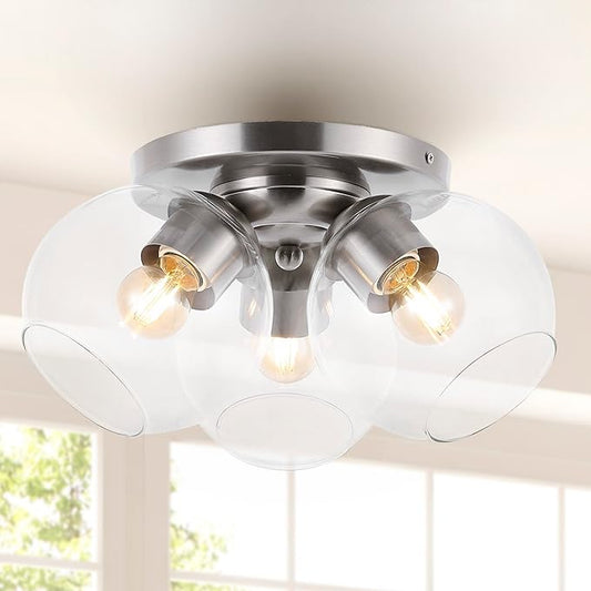 JONATHAN Y 11.5" Nickel/Clear 3-Light Semi Flush Mount Ceiling Light, Farmhouse Rustic Iron Fixture for Kitchen Bedroom, Clear Glass Shade, LED Bulbs Included (JYL7568B)