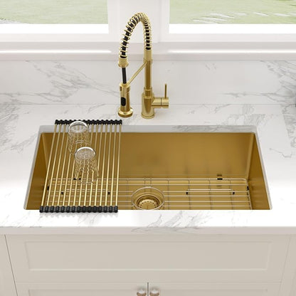 Sarlai 32 Inch Gold Undermount Kitchen Sink - 32 x 19 Inch Kitchen Sink Undermount Gold Stainless Steel Single Bowl Under-Mount 16 Gauge Sinks Under Counter Round Corner Basin