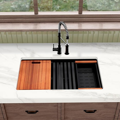 Double Bowl Kitchen Sink 30" X 18",Black Undermount Kitchen Sink,16 Gauge Stainless Steel Undermount Double Sinks with Workstation
