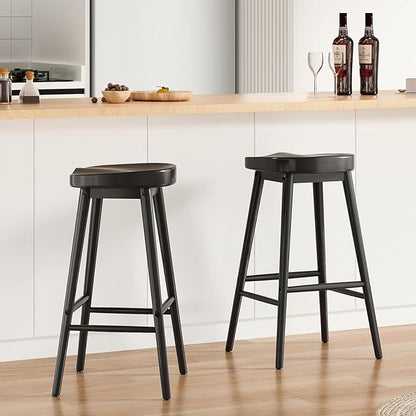 30.3'' Solid Wood Bar Stools, Set of 2, Backless Seat Counter Stools with Footrests, Rustic Bar Chairs for Kitchen Island Dining Room