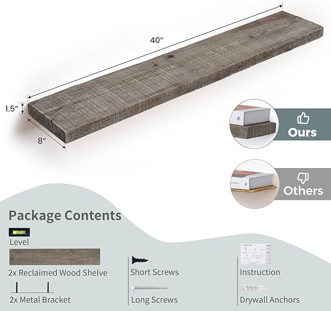 FLYJOE Floating Shelves Reclaimed Barnwood, 8" Deep Solid Wood Floating Shelf Wall Hanging Shelves with Invisible Heavy-Duty Metal Bracket | Wall Mounted | Farmhouse Style | 40 inches,2PCS,Grey