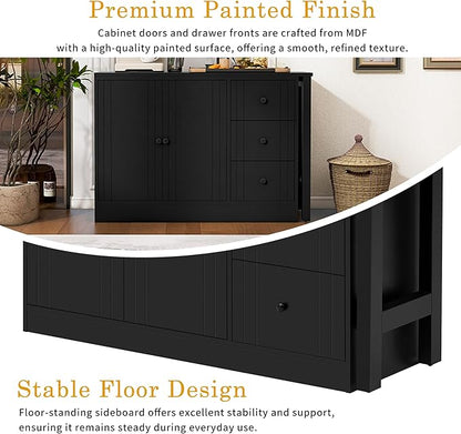 JIJIWANG 89.7'' Wooden Sideboard with Extendable Table,Multifunctional Storage Kitchen Island with 2 Doors and 3 Drawers,for Living Room,Study,Foyer and Kitchen, Black