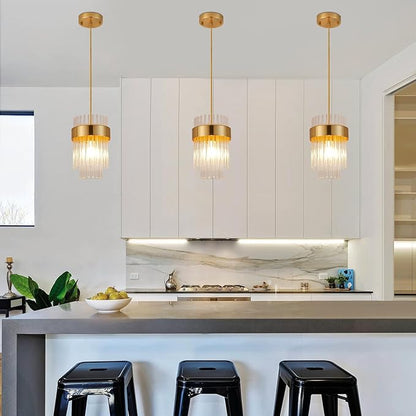Dijiahua Pendant Lights Kitchen Island Gold 3 Pack,Crystal Pendant Light Fixtures Over Table, Mini Brass Dining Room 1-Light Chandelier,Modern Adjustable Cord Hanging Lamp for Bedroom,Sink