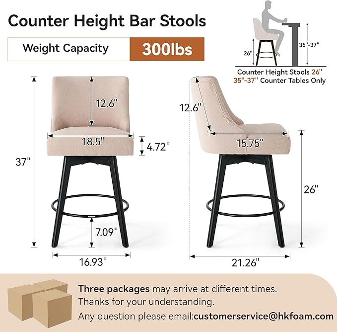 Counter Height Bar Stools Set of 6,Swivel Barstools with Backs and Wood Legs,Linen Fabric Upholstered Counter Stools for Kitchend Island,Mid-Century Modern 26"Seat Height Bar Chairs,Flax Beige