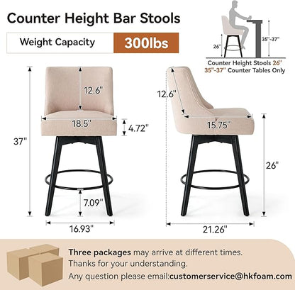 Counter Height Bar Stools Set of 6,Swivel Barstools with Backs and Wood Legs,Linen Fabric Upholstered Counter Stools for Kitchend Island,Mid-Century Modern 26"Seat Height Bar Chairs,Flax Beige