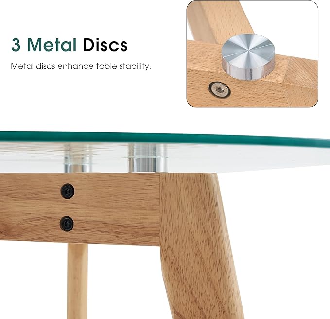 ivinta Round Glass Dining Table for 2-4 People, 31.5" Modern Kitchen Table with Wood Legs for Dining Room Living Room Small Spaces, RD80 (Natural)