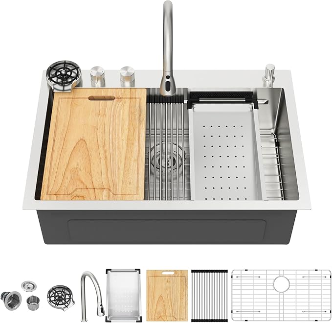 Kichae Drop In Kitchen Sink Waterfall - 33x22 Workstation Kitchen Sink Waterfall Stainless Steel 16 Gauge Luxury Handmade Single Bowl Drop Sinks with Faucet Combo & Glass Rinser