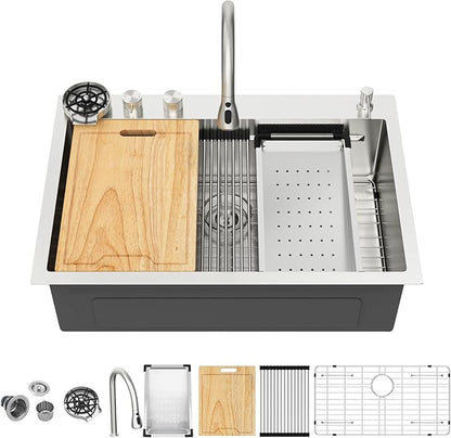 Kichae Drop In Kitchen Sink Waterfall - 33x22 Workstation Kitchen Sink Waterfall Stainless Steel 16 Gauge Luxury Handmade Single Bowl Drop Sinks with Faucet Combo & Glass Rinser