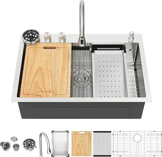 Kichae Drop In Kitchen Sink Waterfall - 33x22 Workstation Kitchen Sink Waterfall Stainless Steel 16 Gauge Luxury Handmade Single Bowl Drop Sinks with Faucet Combo & Glass Rinser