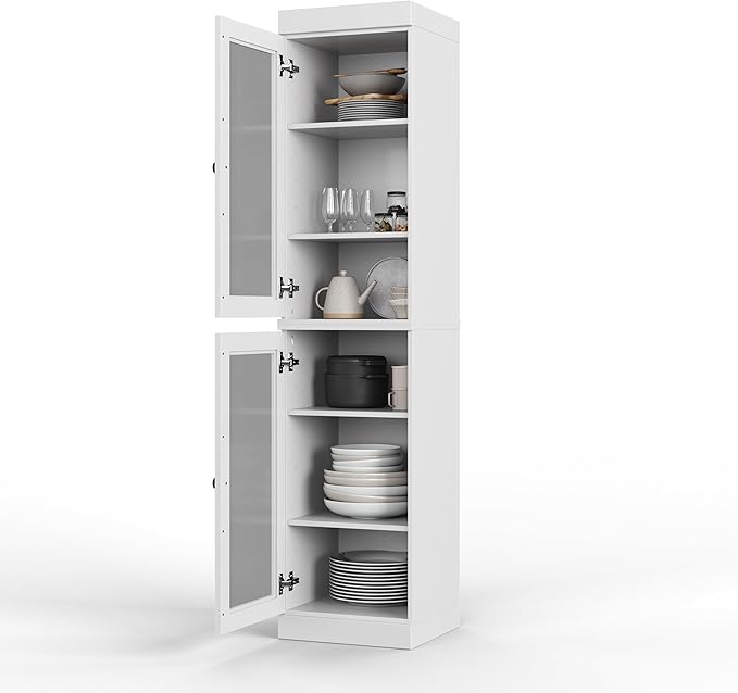 Palace Imports Solid Wood Kitchen Pantry Cabinet w/Glass Doors - Narrow Storage Cabinet - 16.5" Wide x 71.5" Tall - White, Adjustable Shelves, 100% Eco-Friendly Wood, Modular Cabinets
