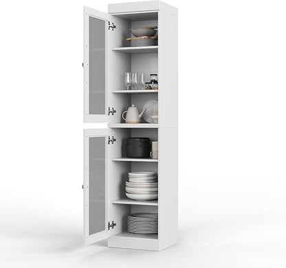Palace Imports Solid Wood Kitchen Pantry Cabinet w/Glass Doors - Narrow Storage Cabinet - 16.5" Wide x 71.5" Tall - White, Adjustable Shelves, 100% Eco-Friendly Wood, Modular Cabinets