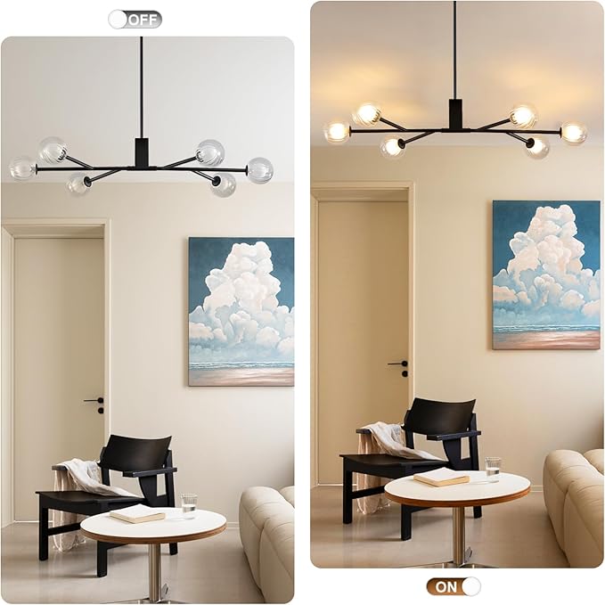 Modern Black Sputnik Island Light, 6-Light Glass Linear Chandelier for Dining Room, 46'' Ceiling Pendant Light Fixture with Globe Lampshade, Large Hanging Lamp Over Table, Bar, G9 Base